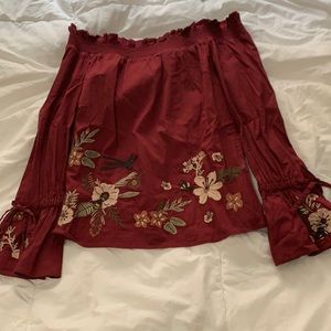 Off shoulder maroon floral long sleeve